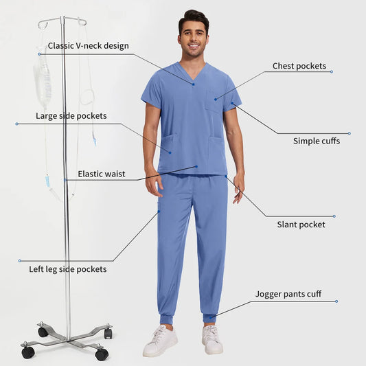 Men’s Stretch Scrub Set – V-Neck Top & Elastic Waist Pants | Breathable & Professional Fit