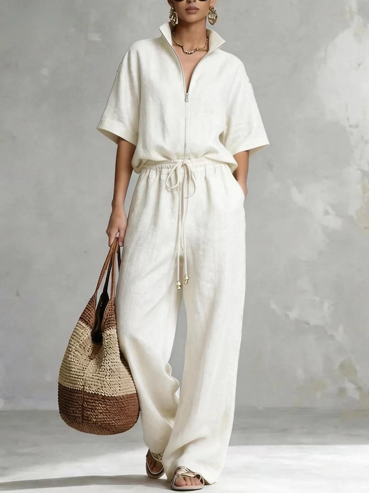 Elegant Loose Two Piece Set Women Outfit 2026 Summer Fashion Short Sleeve Blouse Tops And Wide Leg Pants Sets Casual