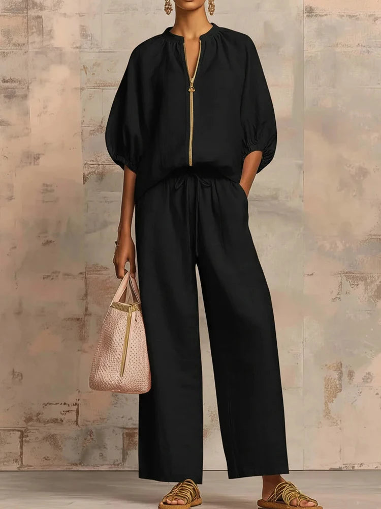 Fashion Simple Solid Wide Leg Pant Outfits Elegant Zip Drawstring Loose Suit Casual O-neck Half Sleeve Shirt with Pants 2Pc Set