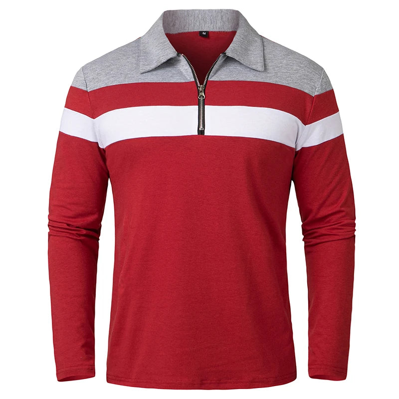 Men's Long Sleeve Striped Polo Shirt | 1/4 Zip Cotton Patchwork | Casual Fashion