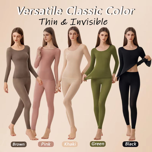 Women'S Seamless Thermal Underwear Ultra-Thin Set Breathable Comfortable Long Sleeve Slim Fit Base Top Highly Elastic Set