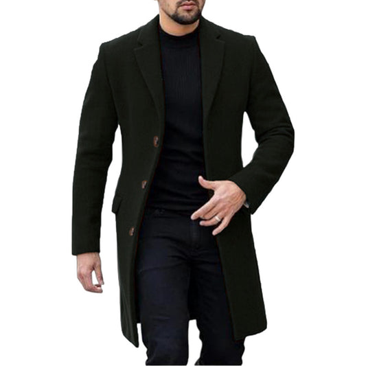 Men's Single-breasted Woolen Coat - Classic Long Cardigan Style