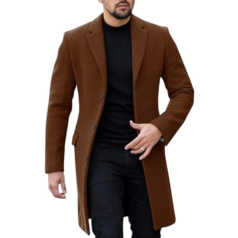 Men's Single-breasted Woolen Coat - Classic Long Cardigan Style