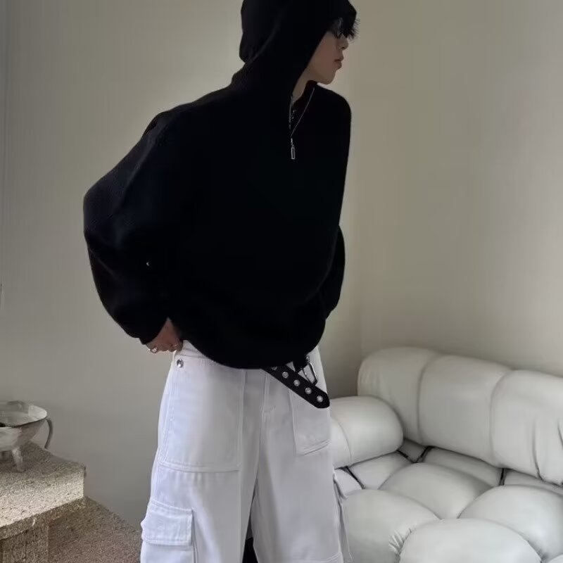 Retro Half Zipper Hooded Sweater – Lazy Knit Cardigan Jacket for Men