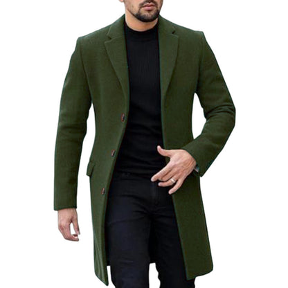 Men's Single-breasted Woolen Coat - Classic Long Cardigan Style