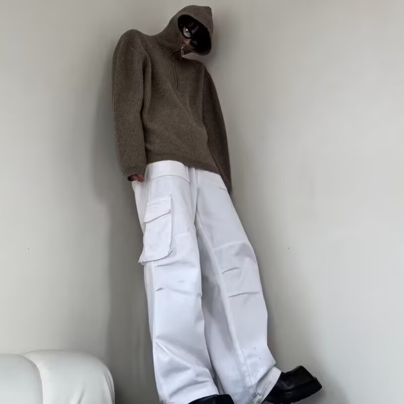 Retro Half Zipper Hooded Sweater – Lazy Knit Cardigan Jacket for Men