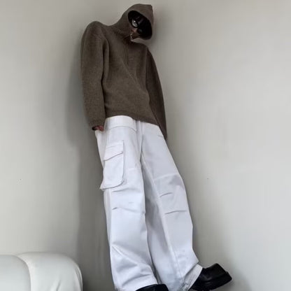 Retro Half Zipper Hooded Sweater – Lazy Knit Cardigan Jacket for Men