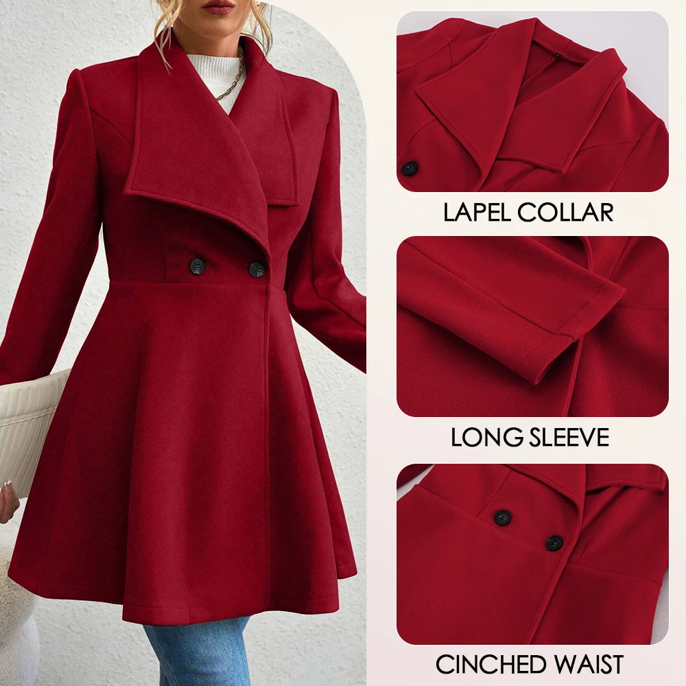 Women's Classic Double-Breasted Long Wool Blend Coat – Office Chic, Wine Red