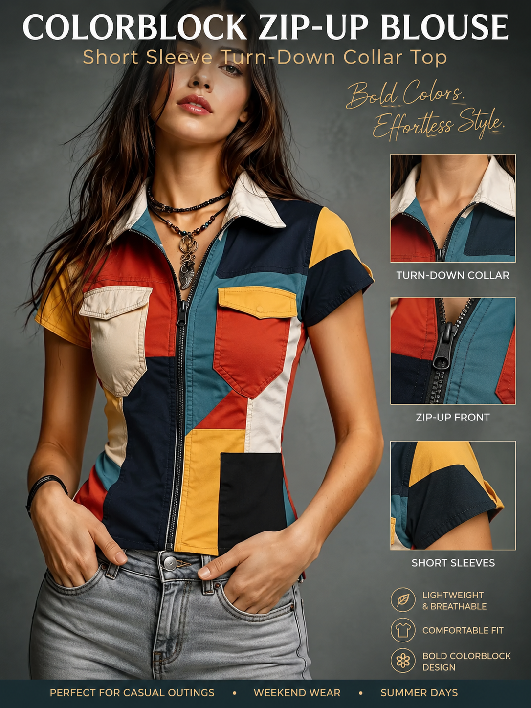 Colorblock Zip-Up Short Sleeve Blouse