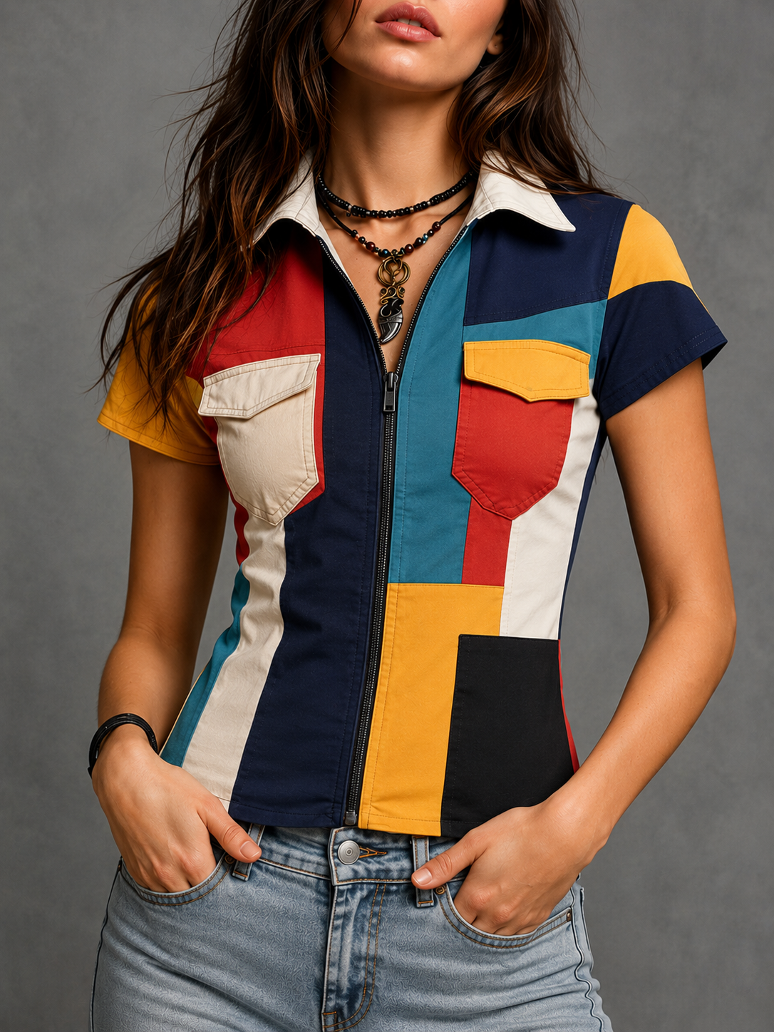 Colorblock Zip-Up Short Sleeve Blouse