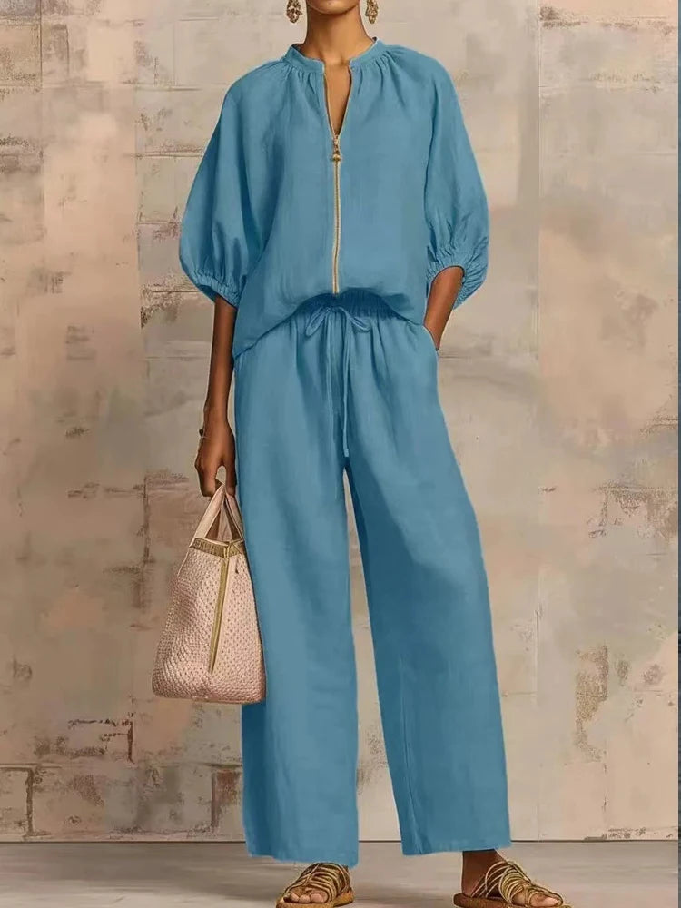 Fashion Simple Solid Wide Leg Pant Outfits  Elegant Zip Drawstring Loose Suit Casual O-neck Half Sleeve Shirt with Pants 2Pc Set