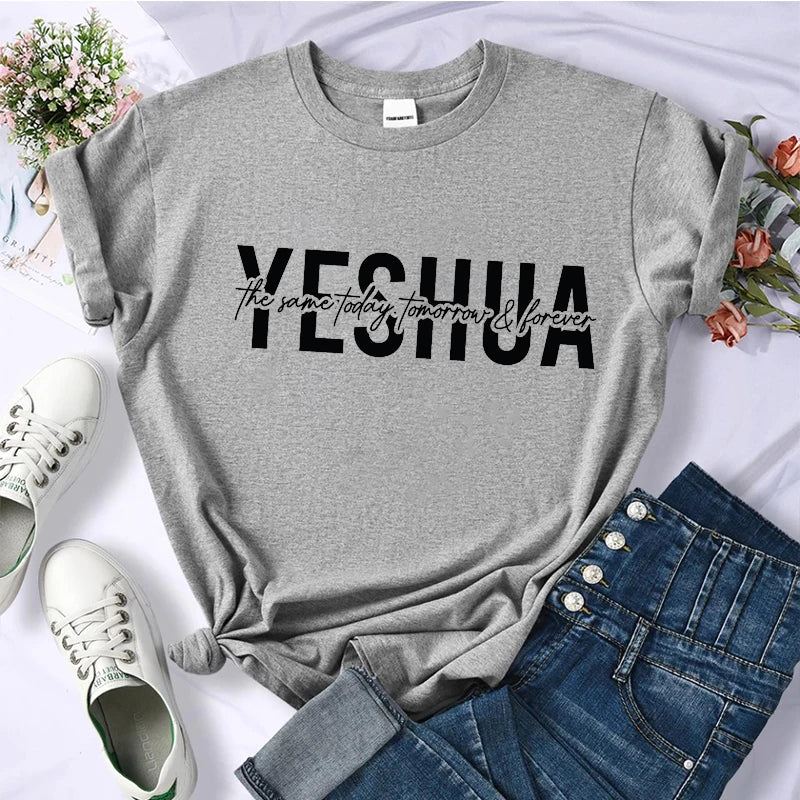 Yeshua Printed T Shirt Women Casual Fashion T-shirt Loose Short Sleeve Christian Religious Bible Verse Aesthetics Tshirt Tops
