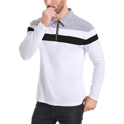 Men's Long Sleeve Striped Polo Shirt | 1/4 Zip Cotton Patchwork | Casual Fashion