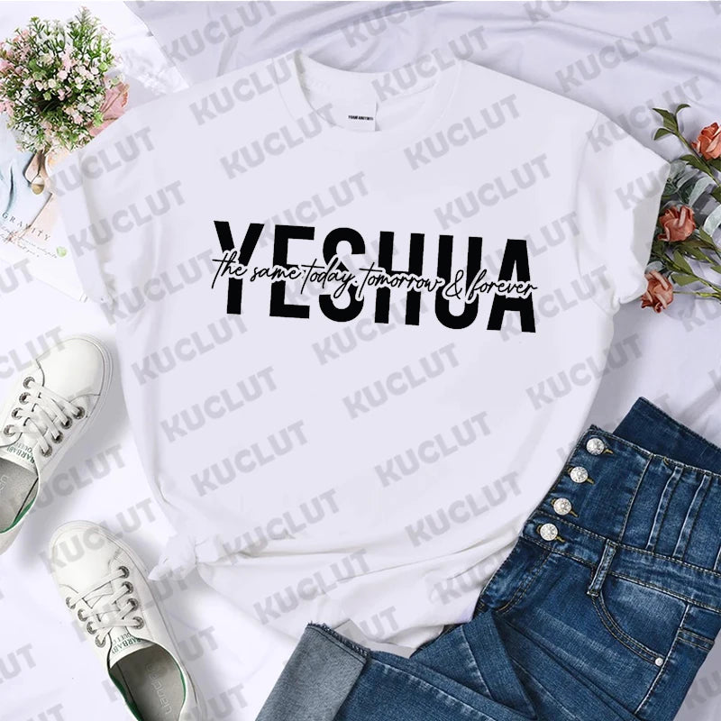 Yeshua Printed T Shirt Women Casual Fashion T-shirt Loose Short Sleeve Christian Religious Bible Verse Aesthetics Tshirt Tops