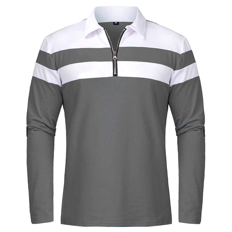 Men's Long Sleeve Striped Polo Shirt | 1/4 Zip Cotton Patchwork | Casual Fashion