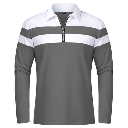 Men's Long Sleeve Striped Polo Shirt | 1/4 Zip Cotton Patchwork | Casual Fashion