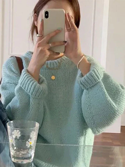 Women’s Knit Pullover Sweater – High-Stretch Loose Fit (Autumn/Winter Casual Wear)