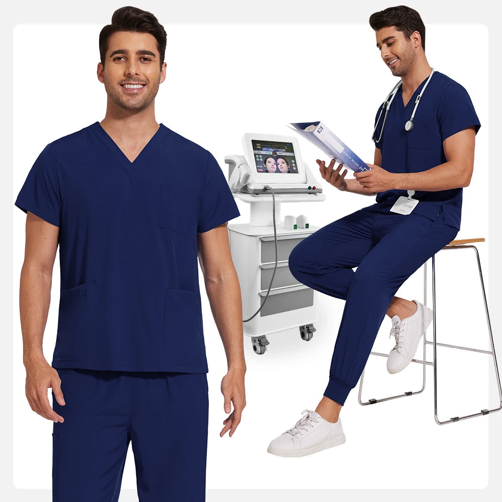 Men’s Stretch Scrub Set – V-Neck Top & Elastic Waist Pants | Breathable & Professional Fit