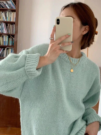 Women’s Knit Pullover Sweater – High-Stretch Loose Fit (Autumn/Winter Casual Wear)