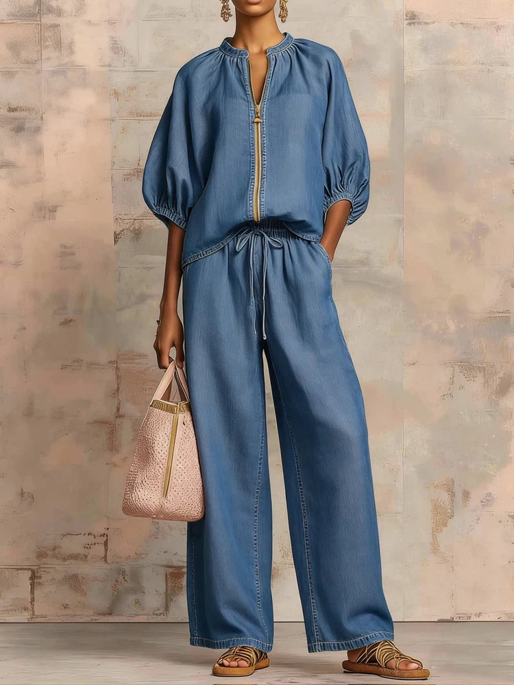 Fashion Simple Solid Wide Leg Pant Outfits  Elegant Zip Drawstring Loose Suit Casual O-neck Half Sleeve Shirt with Pants 2Pc Set