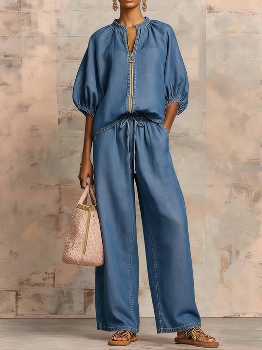 Vintage Draped Two-Piece Wide Leg Pant Set