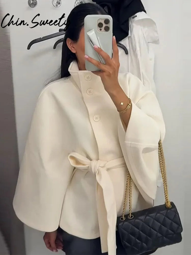Women's Elegant Belted Shawl Coat