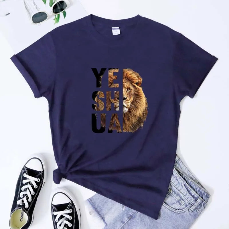 Lion Yeshua Cotton Print Tee Apparel Casual Unisex Christian Faith T Shirt Lion Of Judah Top Dropshipping