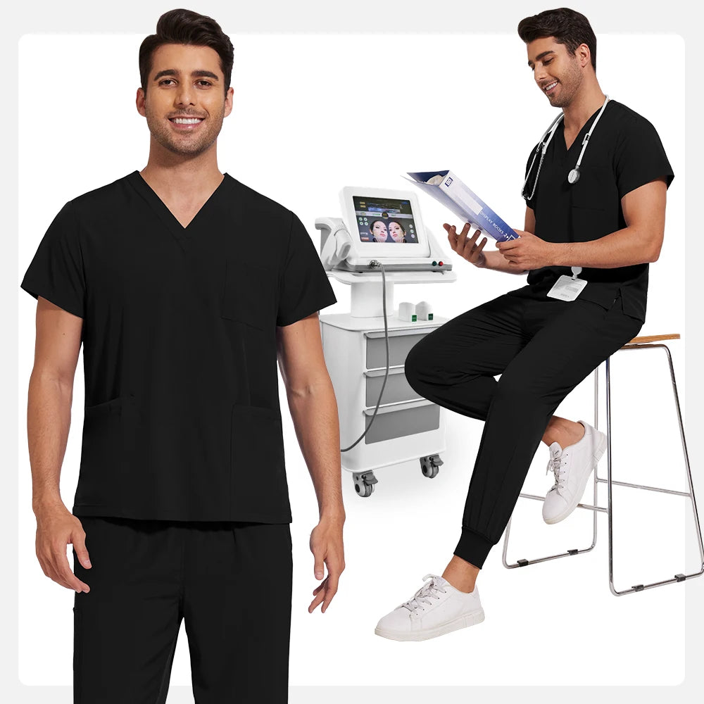Men’s Stretch Scrub Set – V-Neck Top & Elastic Waist Pants | Breathable & Professional Fit