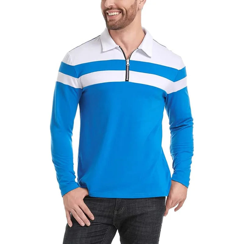 Men's Long Sleeve Striped Polo Shirt | 1/4 Zip Cotton Patchwork | Casual Fashion