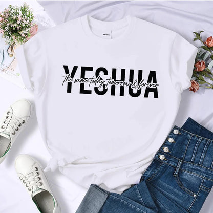 Yeshua Printed T Shirt Women Casual Fashion T-shirt Loose Short Sleeve Christian Religious Bible Verse Aesthetics Tshirt Tops