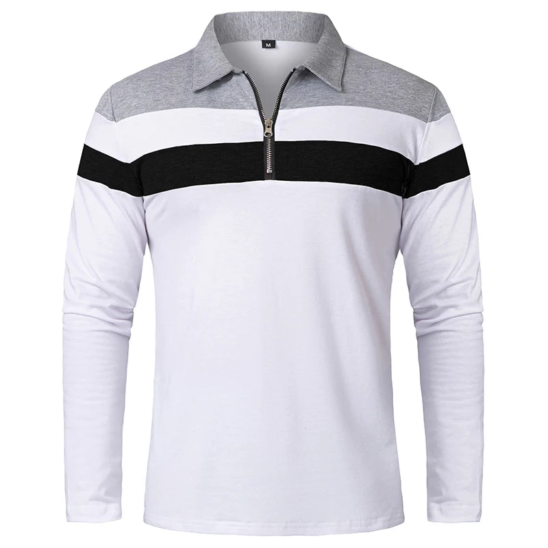 Men's Long Sleeve Striped Polo Shirt | 1/4 Zip Cotton Patchwork | Casual Fashion