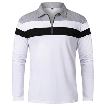 Men's Long Sleeve Striped Polo Shirt | 1/4 Zip Cotton Patchwork | Casual Fashion