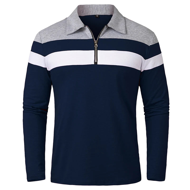 Men's Long Sleeve Striped Polo Shirt | 1/4 Zip Cotton Patchwork | Casual Fashion