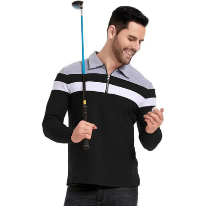 Men's Long Sleeve Striped Polo Shirt | 1/4 Zip Cotton Patchwork | Casual Fashion