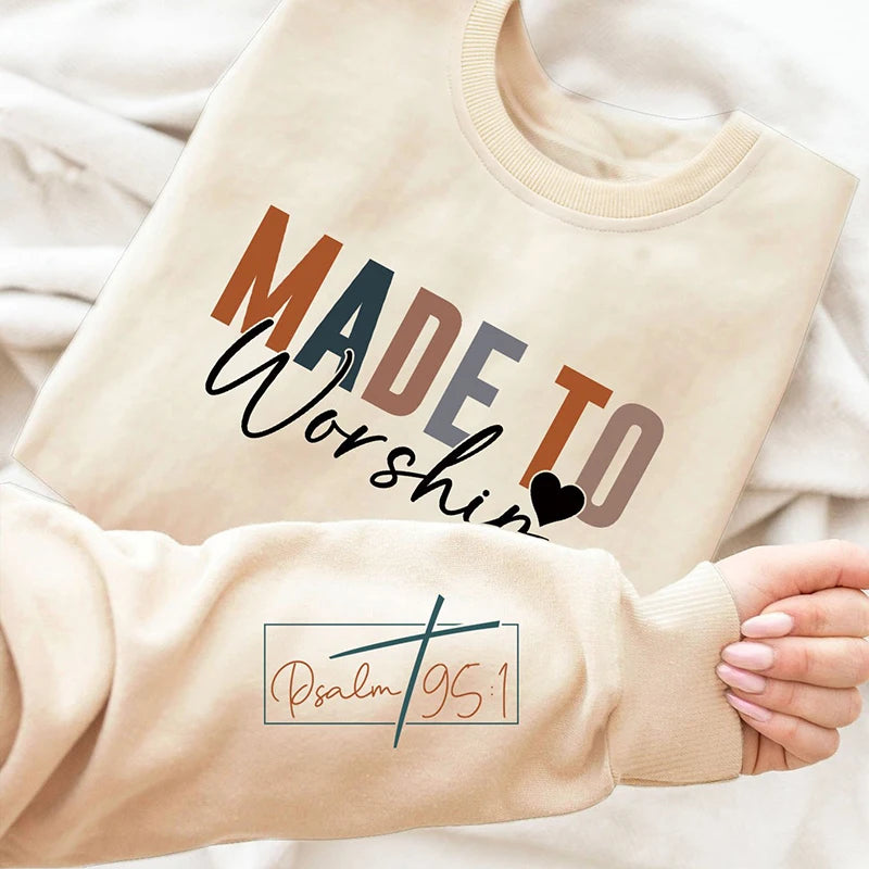 Made to Worship Letter Print Sweatshirt – Crew Neck, Long Sleeve Christian Pullover for Fall & Winter
