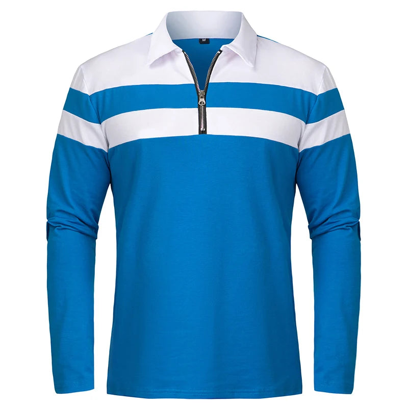 Men's Long Sleeve Striped Polo Shirt | 1/4 Zip Cotton Patchwork | Casual Fashion