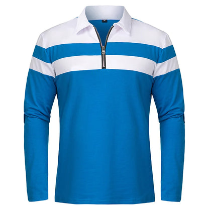 Men's Long Sleeve Striped Polo Shirt | 1/4 Zip Cotton Patchwork | Casual Fashion