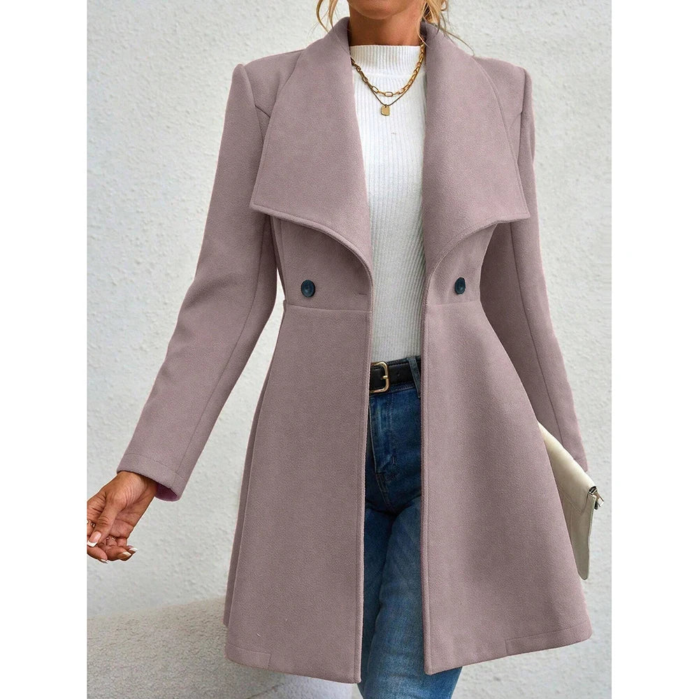 Women's Classic Double-Breasted Long Wool Blend Coat – Office Chic, Wine Red