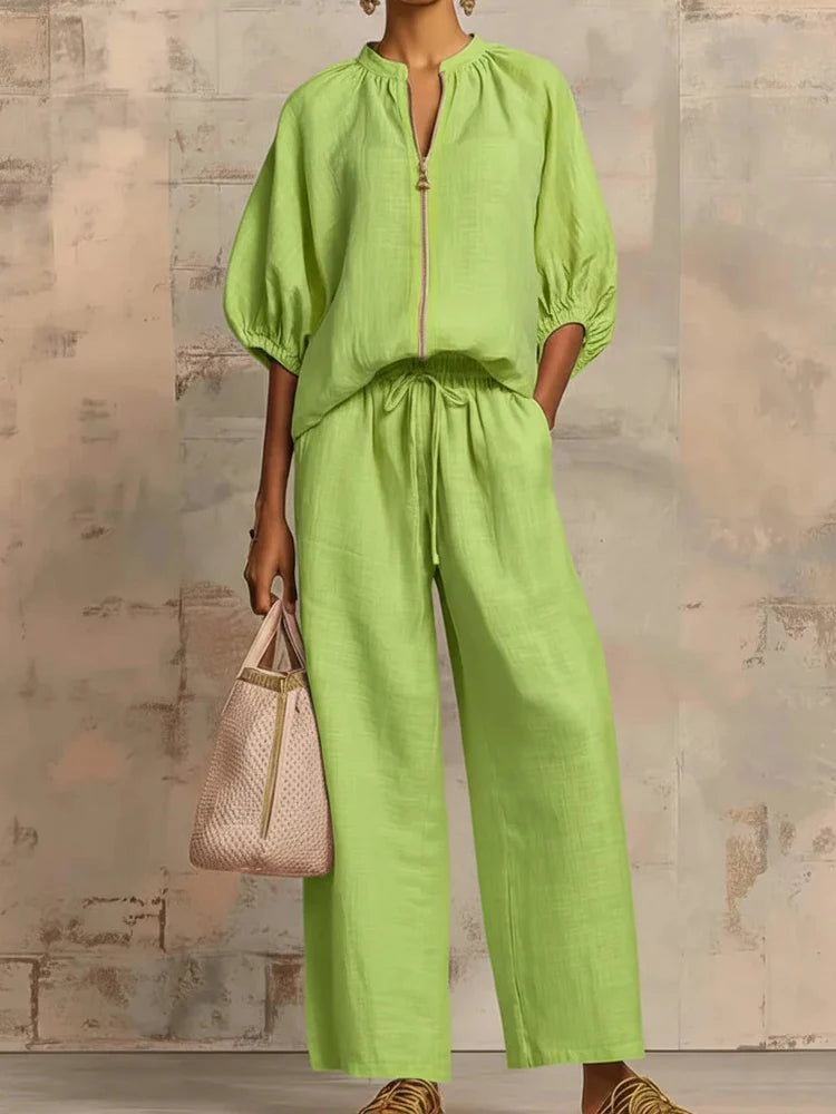 Fashion Simple Solid Wide Leg Pant Outfits  Elegant Zip Drawstring Loose Suit Casual O-neck Half Sleeve Shirt with Pants 2Pc Set