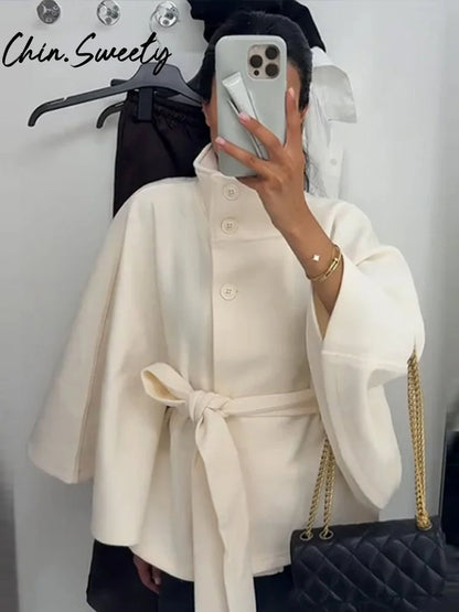 Women's Elegant Belted Shawl Coat