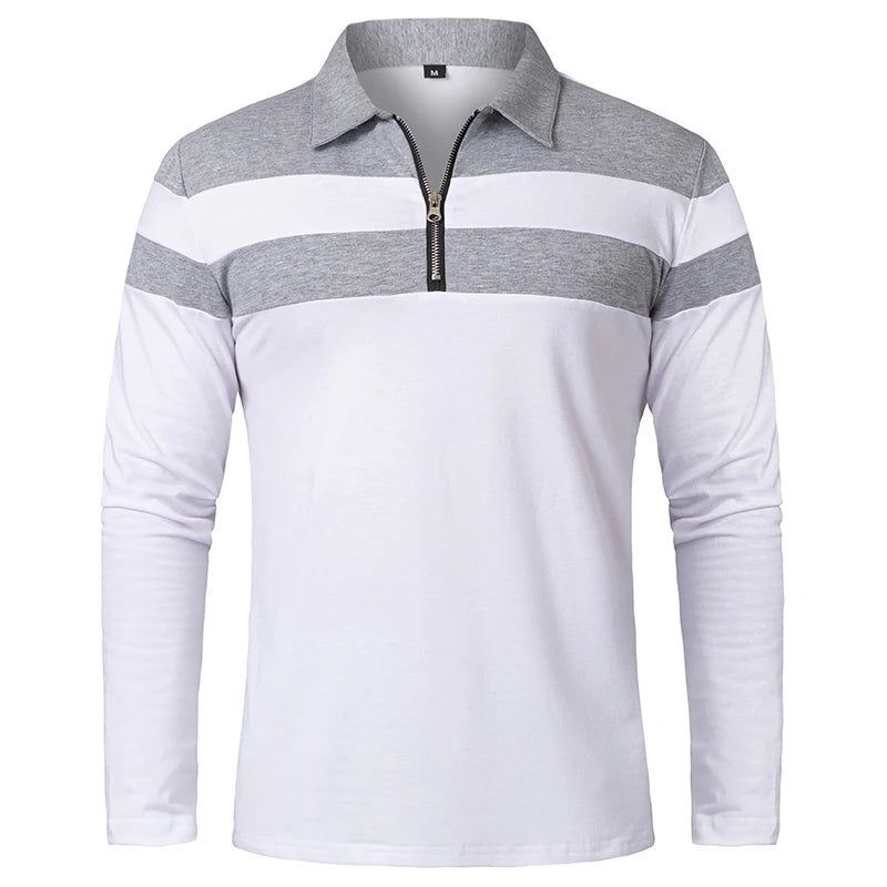 Men's Long Sleeve Striped Polo Shirt | 1/4 Zip Cotton Patchwork | Casual Fashion