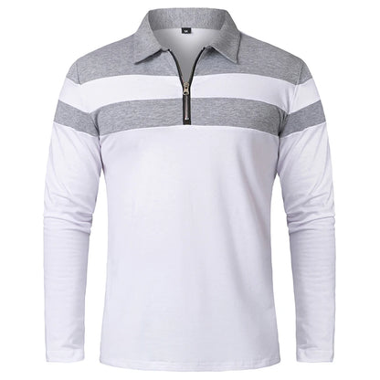Men's Long Sleeve Striped Polo Shirt | 1/4 Zip Cotton Patchwork | Casual Fashion