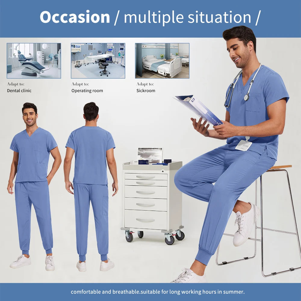 Men’s Stretch Scrub Set – V-Neck Top & Elastic Waist Pants | Breathable & Professional Fit