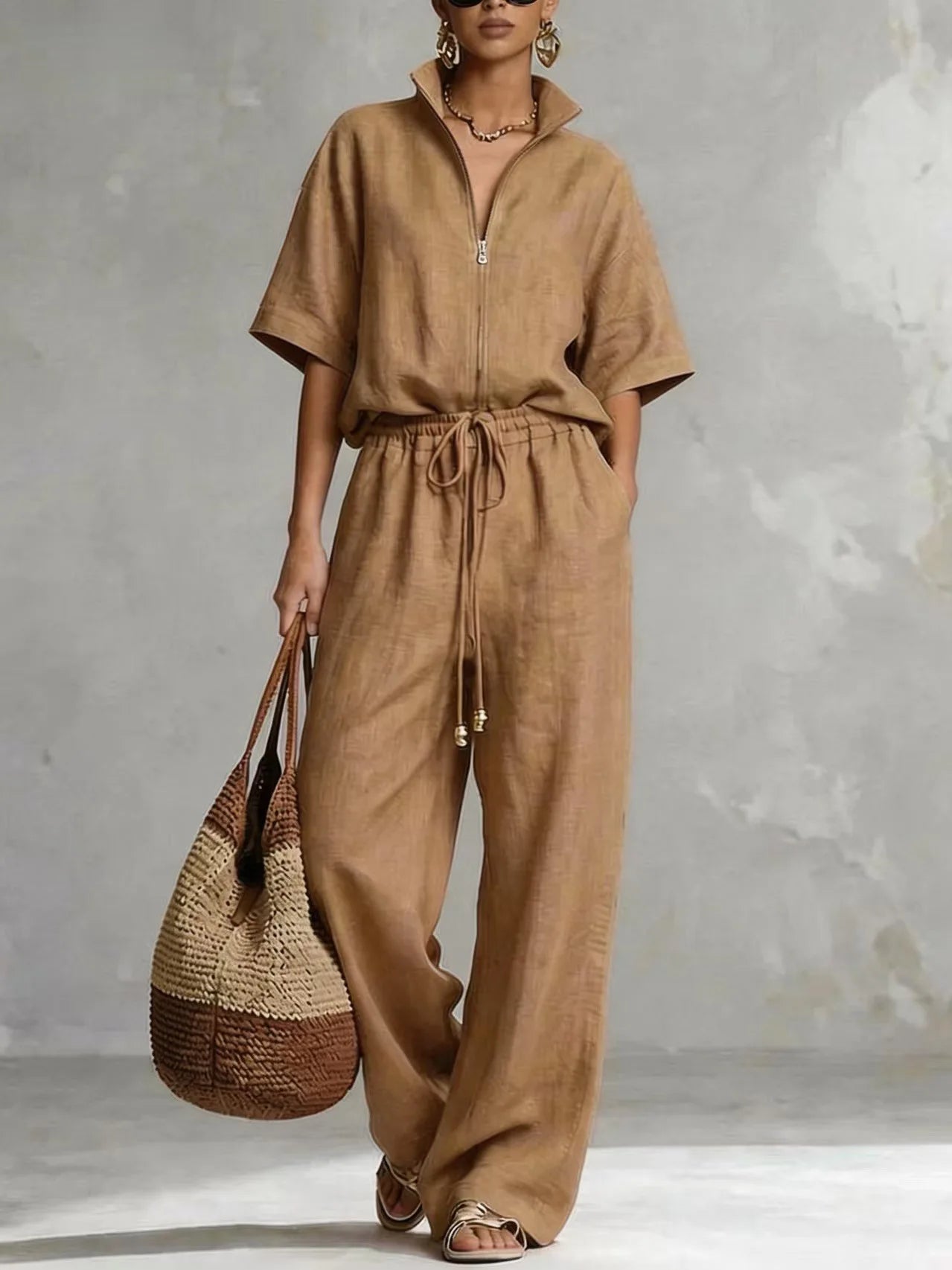Elegant Loose Two Piece Set Women Outfit 2026 Summer Fashion Short Sleeve Blouse Tops And Wide Leg Pants Sets Casual