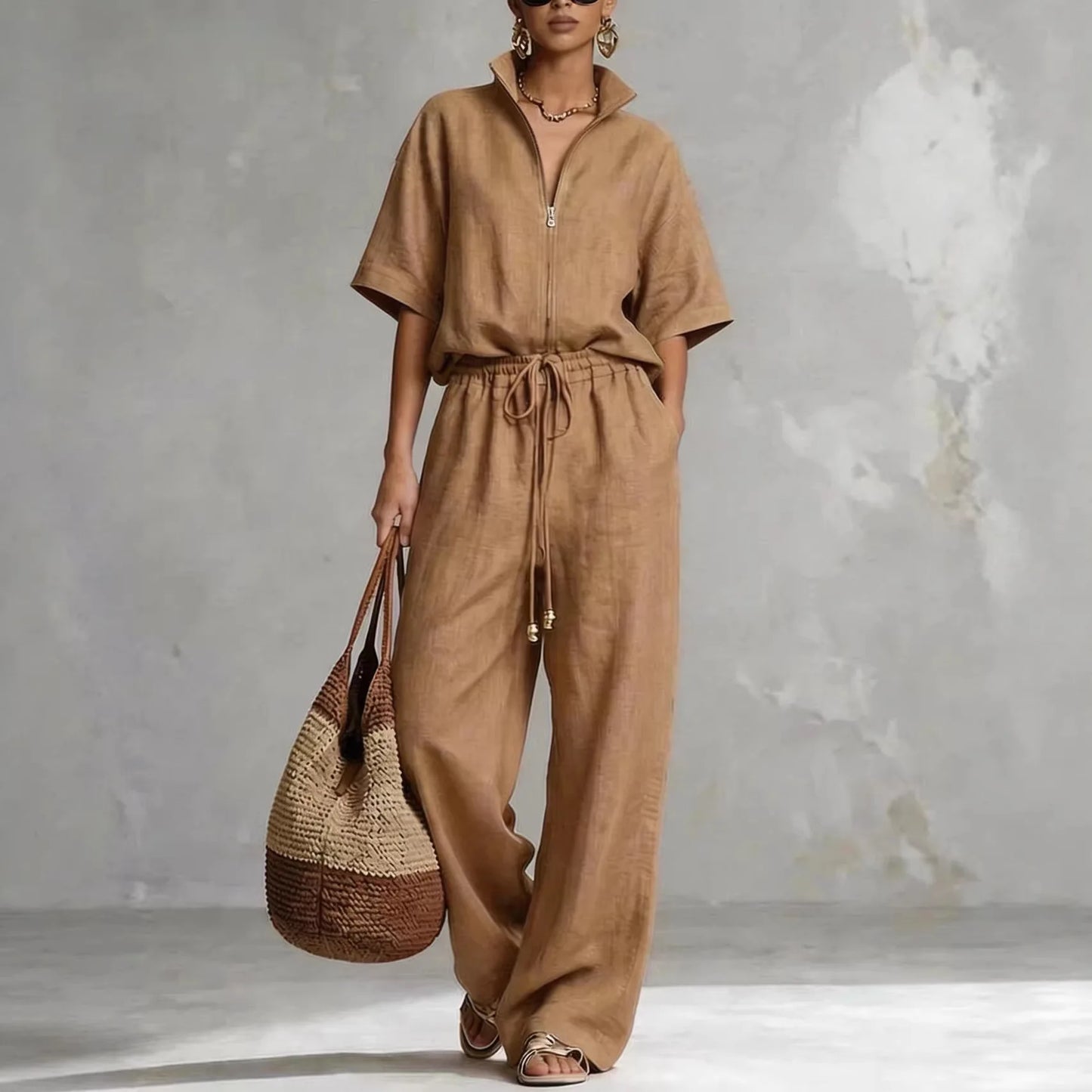 Elegant Loose Two Piece Set Women Outfit 2026 Summer Fashion Short Sleeve Blouse Tops And Wide Leg Pants Sets Casual