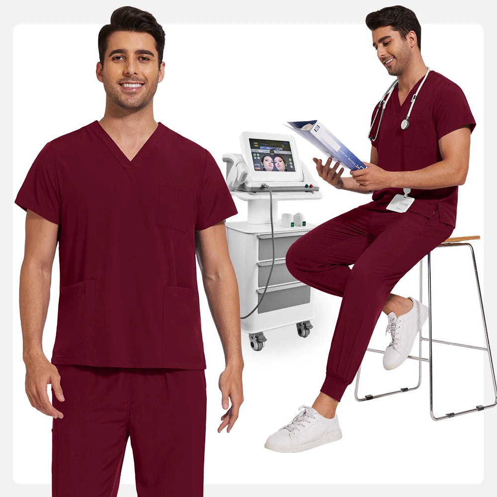 Men’s Stretch Scrub Set – V-Neck Top & Elastic Waist Pants | Breathable & Professional Fit