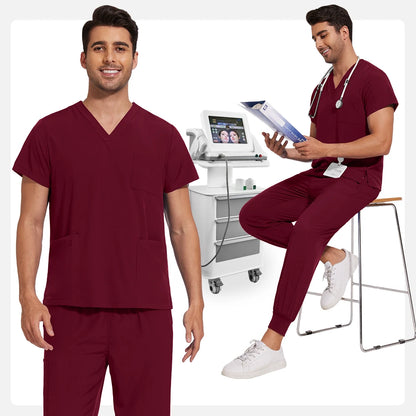 Men’s Stretch Scrub Set – V-Neck Top & Elastic Waist Pants | Breathable & Professional Fit