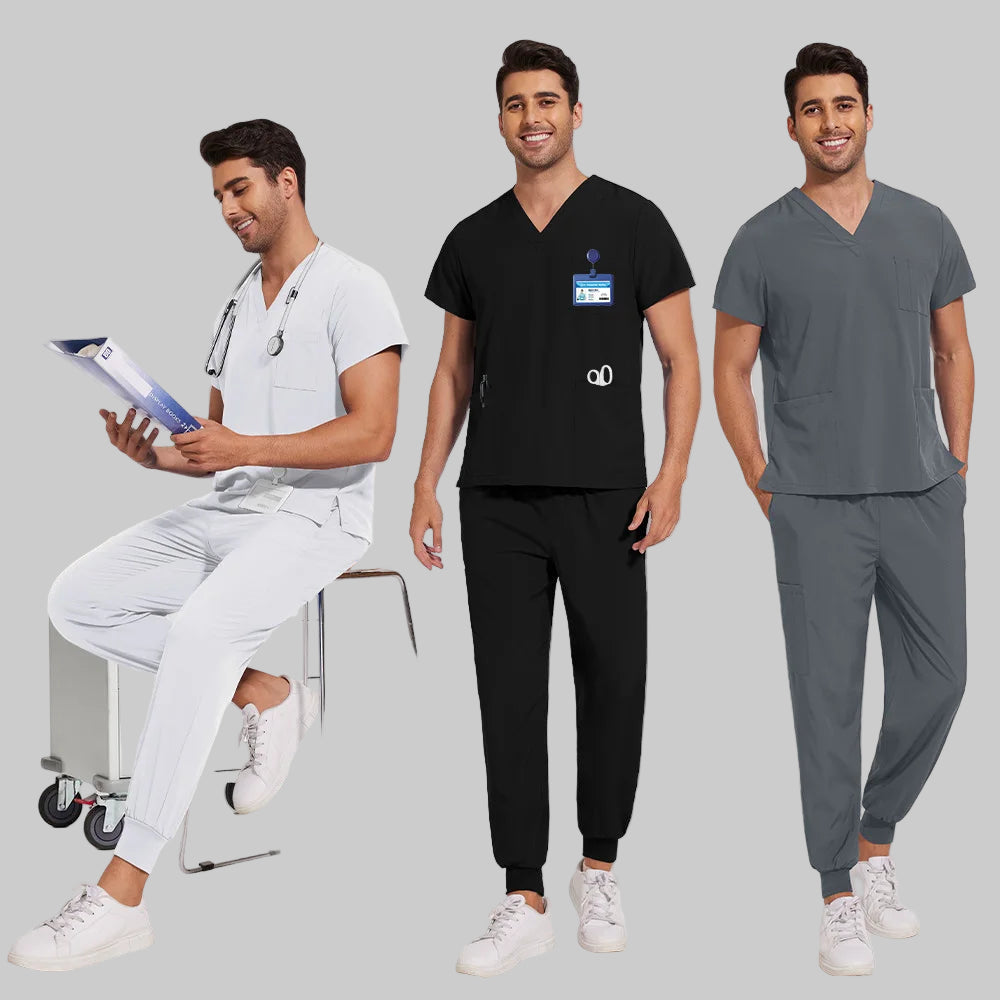 Men’s Stretch Scrub Set – V-Neck Top & Elastic Waist Pants | Breathable & Professional Fit