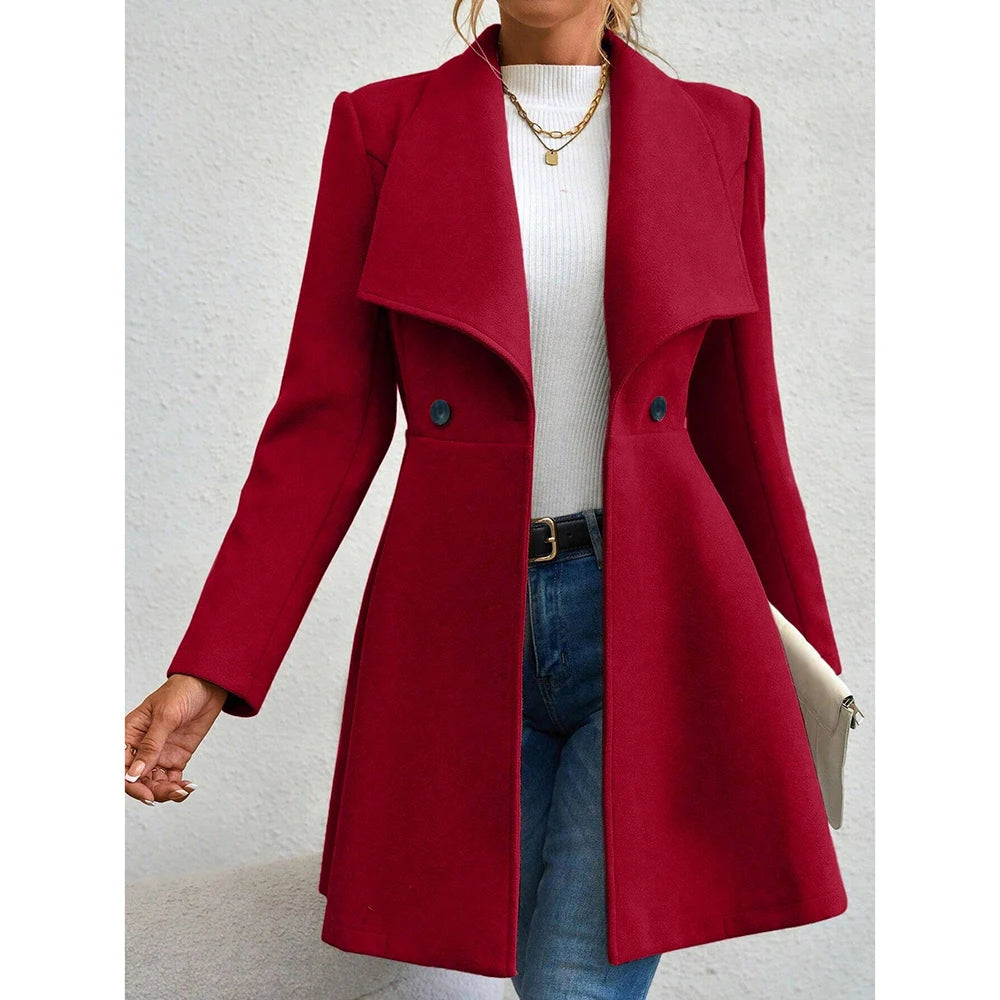 Women's Classic Double-Breasted Long Wool Blend Coat – Office Chic, Wine Red