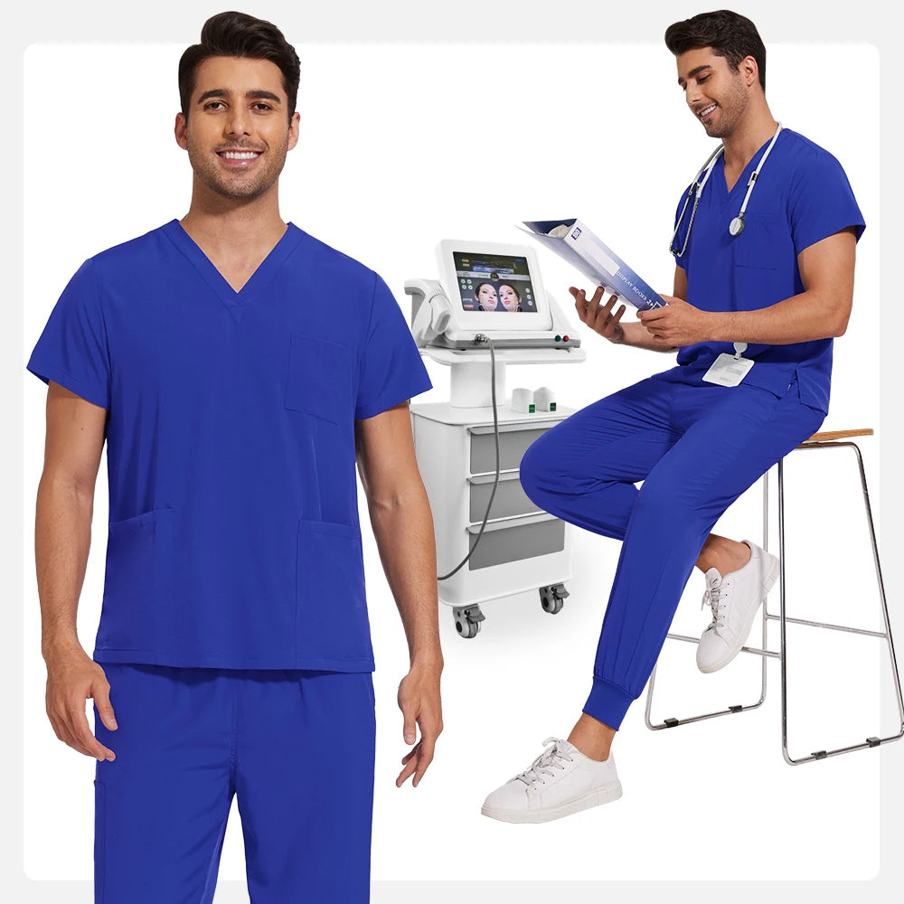 Men’s Stretch Scrub Set – V-Neck Top & Elastic Waist Pants | Breathable & Professional Fit